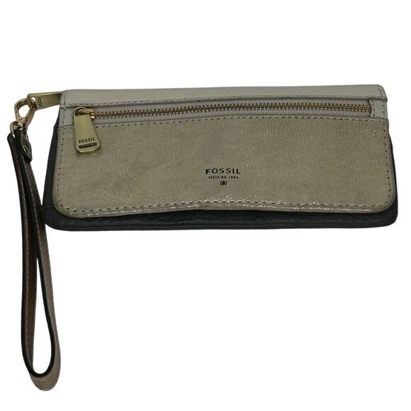 NWOT Fossil Preston Wristlet Wallet 7"x 4" Gold Metallic Leather Color-block - Picture 4 of 10